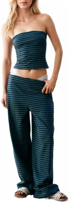 Women's 2 Piece Outfits Casual Striped Strapless Tube Tops and Wide Leg Pants Lounge Sets