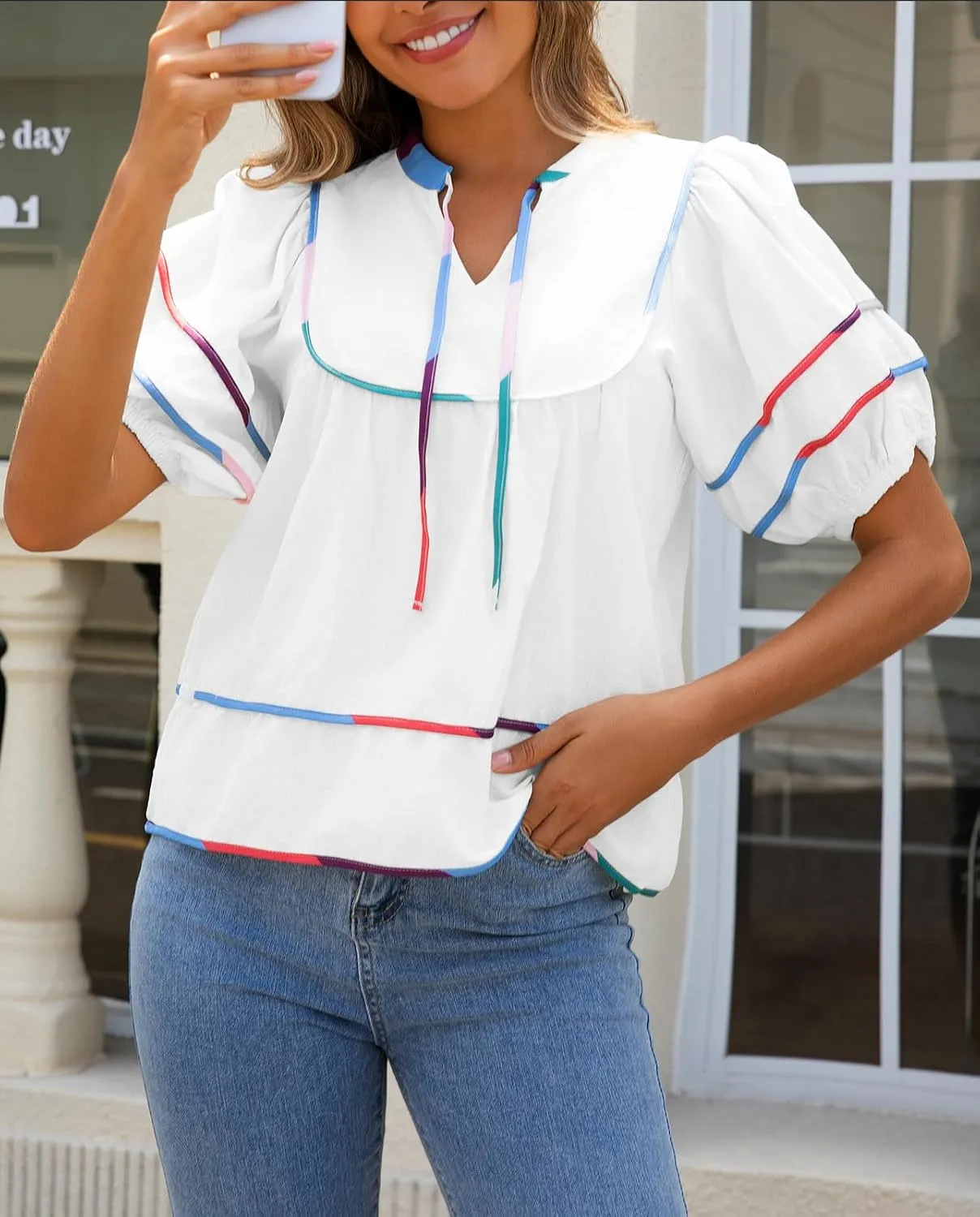 Womens Babydoll Tops Summer Short Puff Sleeve Notch V Neck Boho Shirts Loose Peplum Flowy Blouses