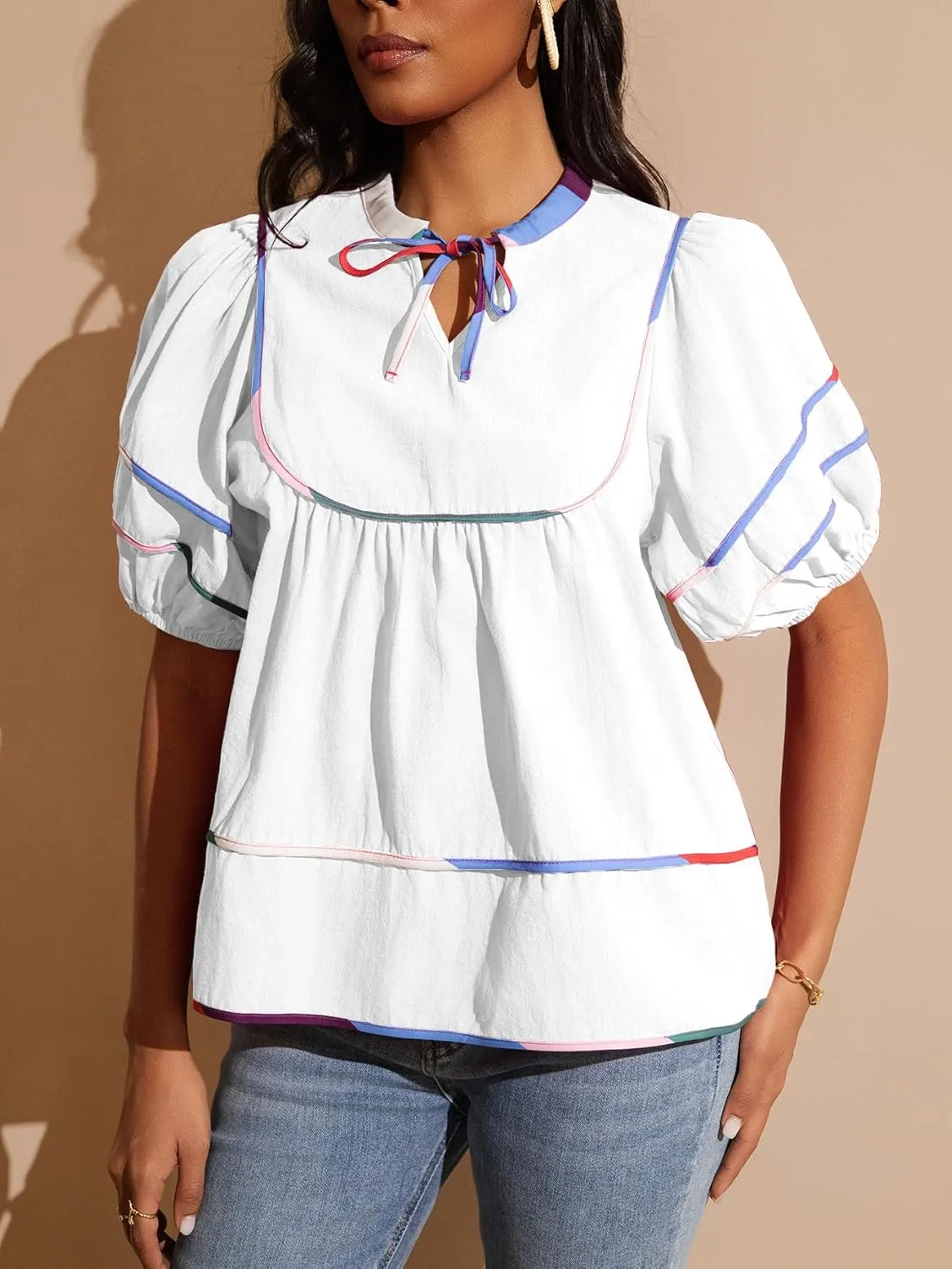 Womens Babydoll Tops Summer Short Puff Sleeve Notch V Neck Boho Shirts Loose Peplum Flowy Blouses