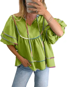 Womens Babydoll Tops Summer Short Puff Sleeve Notch V Neck Boho Shirts Loose Peplum Flowy Blouses