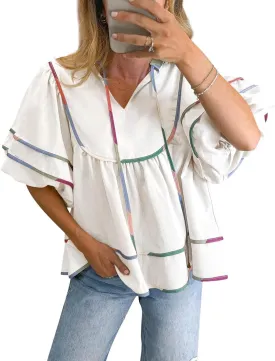 Womens Babydoll Tops Summer Short Puff Sleeve Notch V Neck Boho Shirts Loose Peplum Flowy Blouses