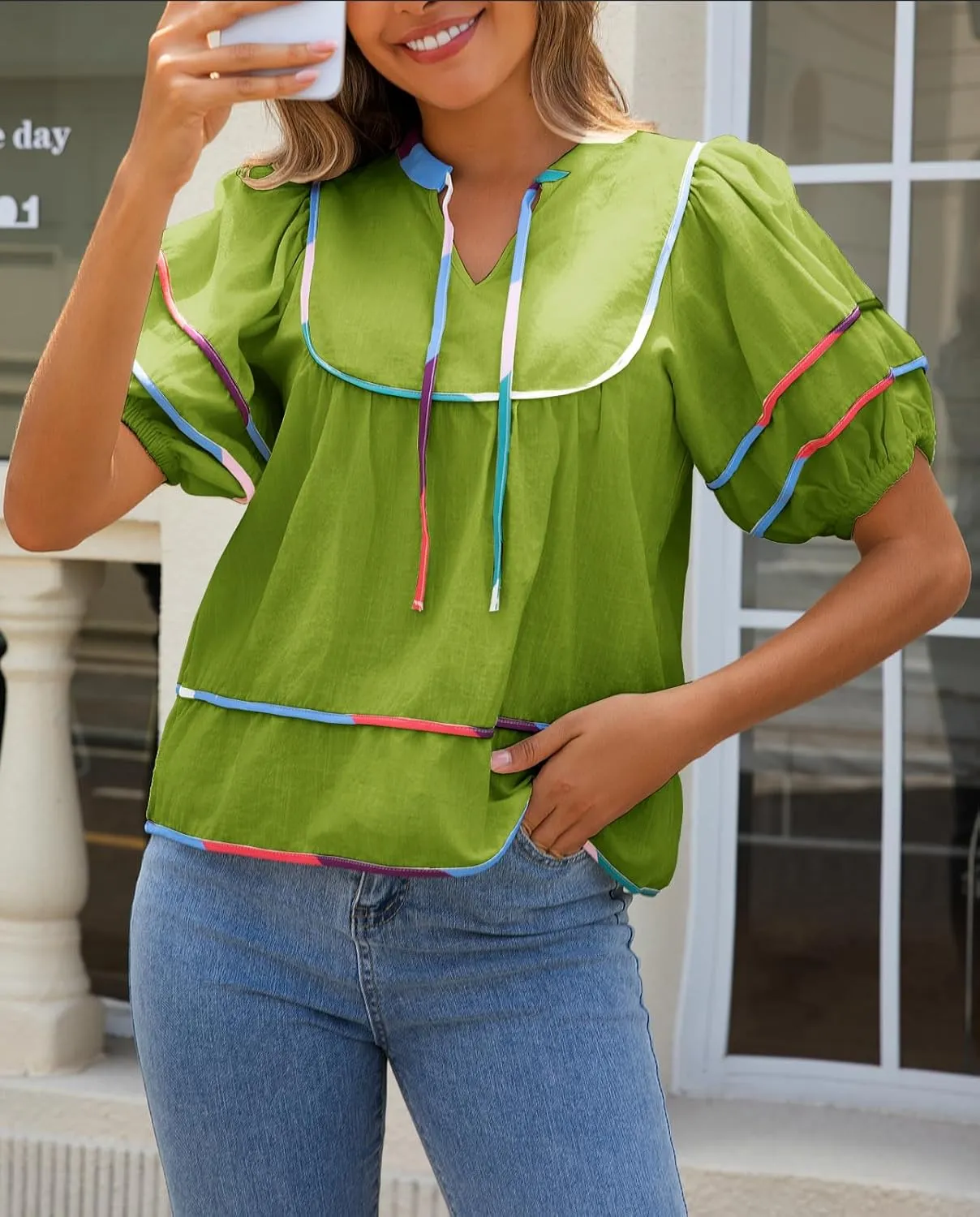 Womens Babydoll Tops Summer Short Puff Sleeve Notch V Neck Boho Shirts Loose Peplum Flowy Blouses