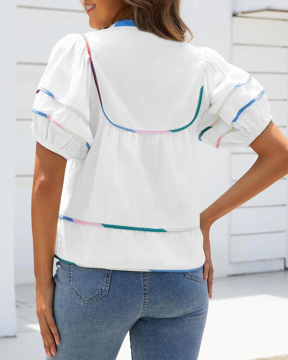 Womens Babydoll Tops Summer Short Puff Sleeve Notch V Neck Boho Shirts Loose Peplum Flowy Blouses