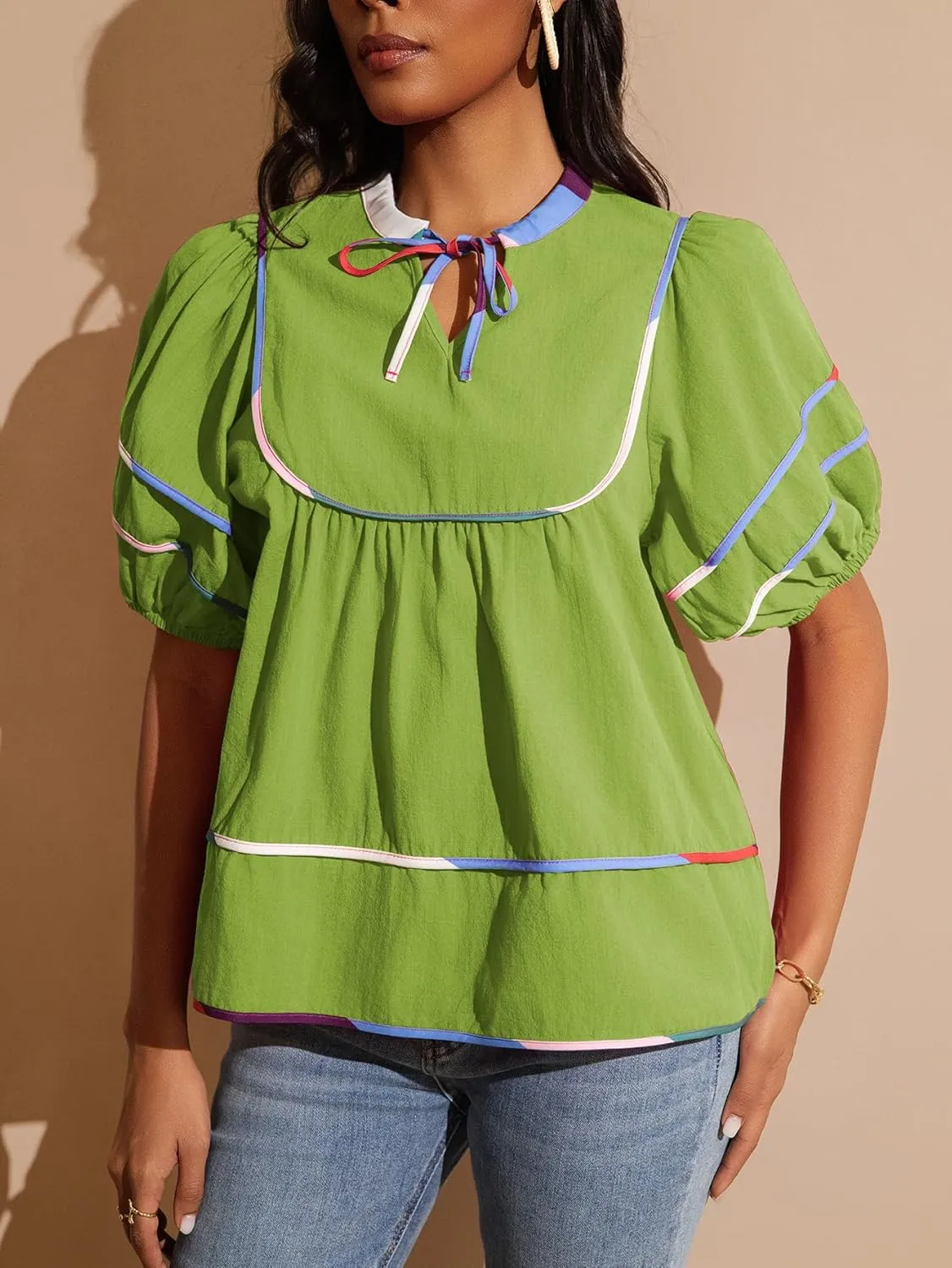 Womens Babydoll Tops Summer Short Puff Sleeve Notch V Neck Boho Shirts Loose Peplum Flowy Blouses