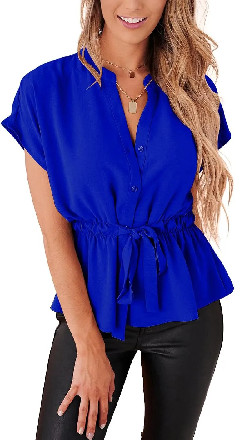 Womens Button Down Blouses Casual Peplum Summer Tops Dressy Chiffon Work Blouse