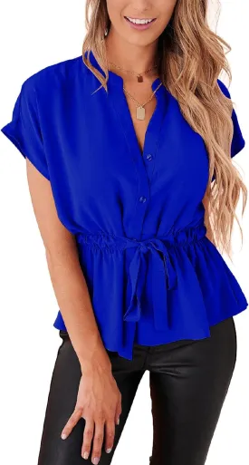 Womens Button Down Blouses Casual Peplum Summer Tops Dressy Chiffon Work Blouse