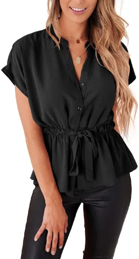 Womens Button Down Blouses Casual Peplum Summer Tops Dressy Chiffon Work Blouse