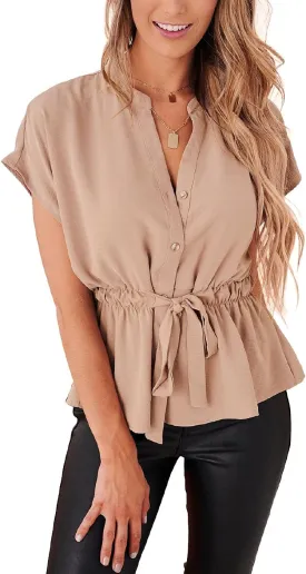 Womens Button Down Blouses Casual Peplum Summer Tops Dressy Chiffon Work Blouse