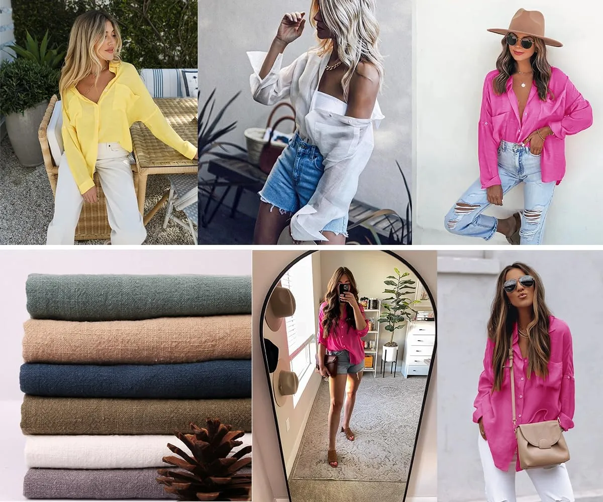 Womens Button Down Shirts Cotton Roll-up Long Sleeve Blouses Top with Pockets V Neck Casual Solid Tunics