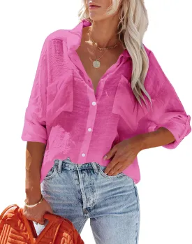 Womens Button Down Shirts Cotton Roll-up Long Sleeve Blouses Top with Pockets V Neck Casual Solid Tunics