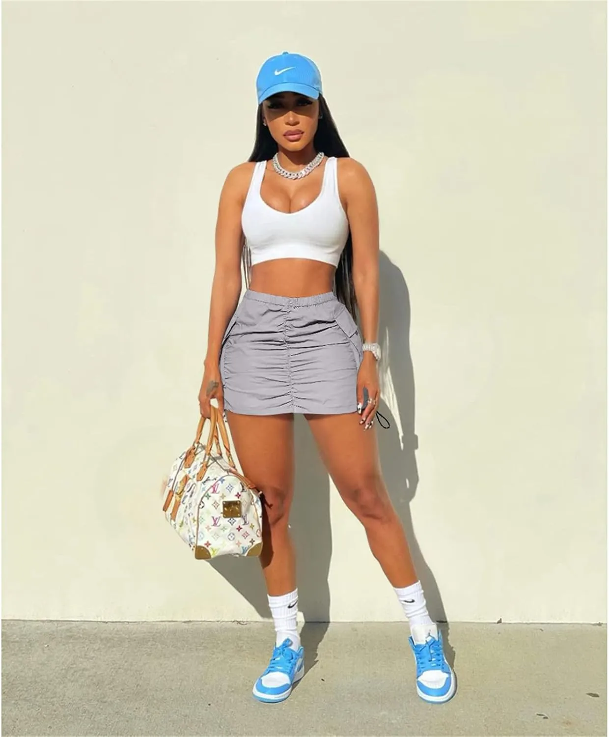 Womens Cargo Skirt Y2K - Casual Summer High Waisted Bodycon Pencil Ruched Mini Skirts Side Drawstring and Pockets