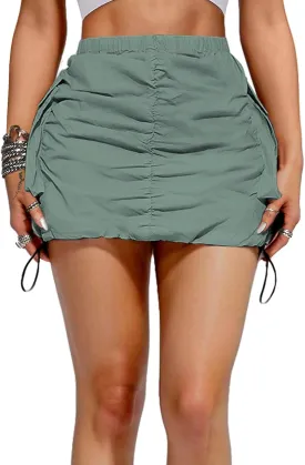 Womens Cargo Skirt Y2K - Casual Summer High Waisted Bodycon Pencil Ruched Mini Skirts Side Drawstring and Pockets
