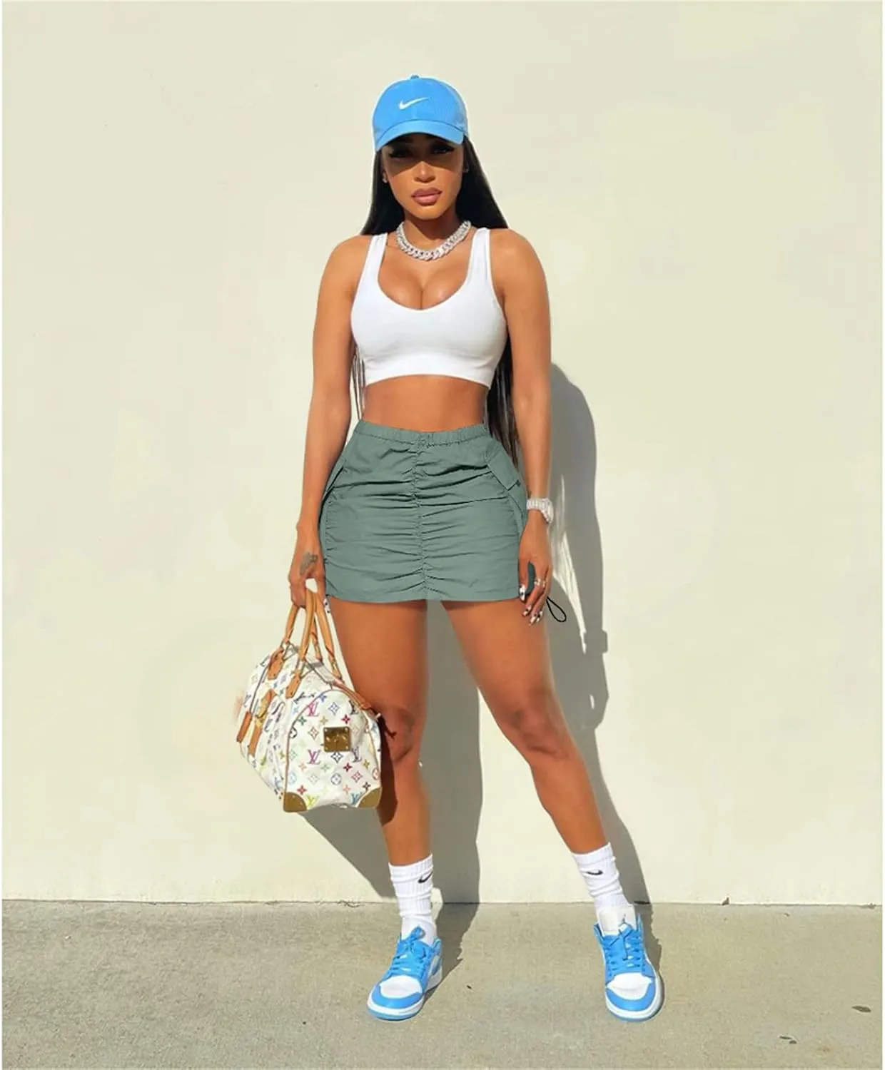 Womens Cargo Skirt Y2K - Casual Summer High Waisted Bodycon Pencil Ruched Mini Skirts Side Drawstring and Pockets