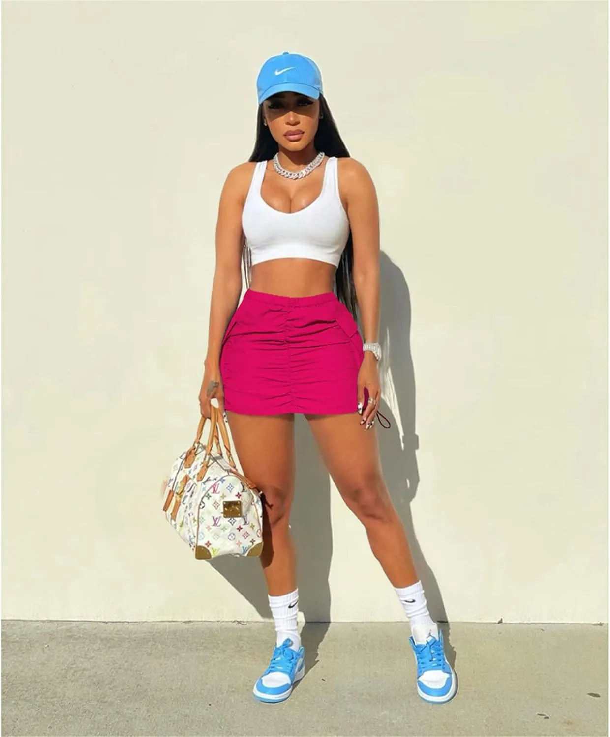 Womens Cargo Skirt Y2K - Casual Summer High Waisted Bodycon Pencil Ruched Mini Skirts Side Drawstring and Pockets
