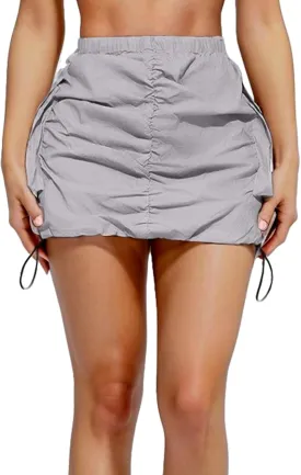 Womens Cargo Skirt Y2K - Casual Summer High Waisted Bodycon Pencil Ruched Mini Skirts Side Drawstring and Pockets