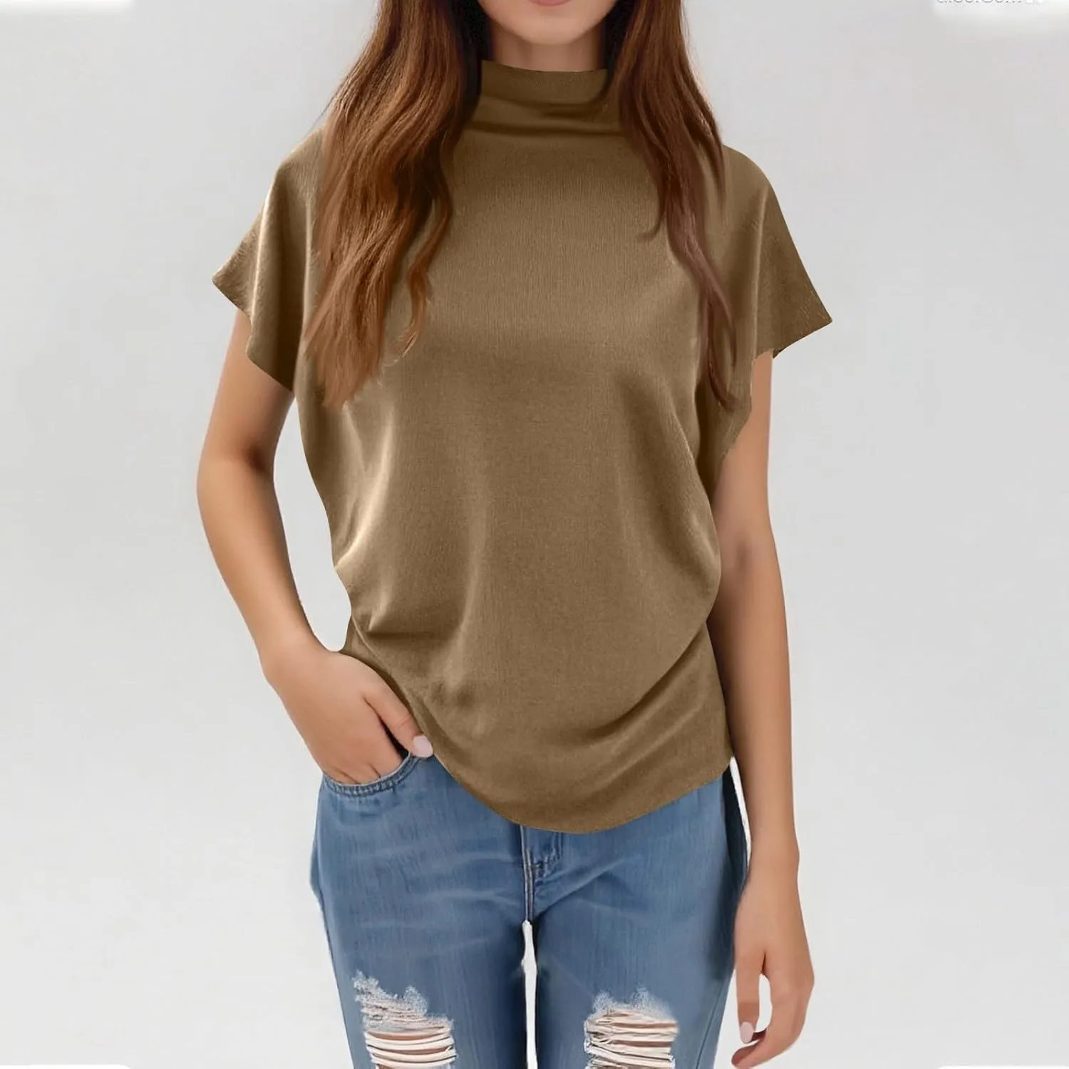 Women's Casual Loose Mock Neck Batwing Sleeve Tops,2025 Summer Solid Business Work Shirts Elegant Teacher Blouse