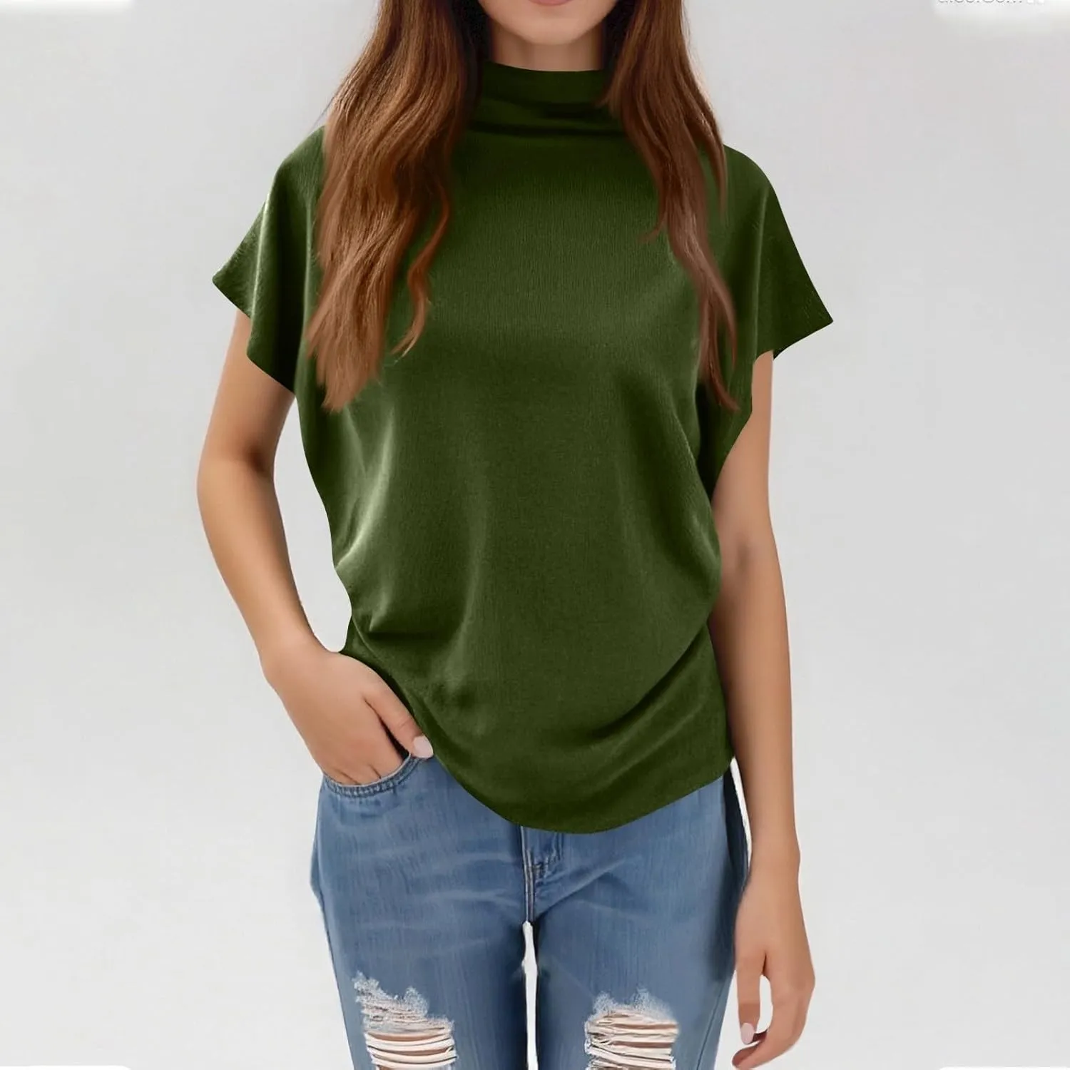 Women's Casual Loose Mock Neck Batwing Sleeve Tops,2025 Summer Solid Business Work Shirts Elegant Teacher Blouse