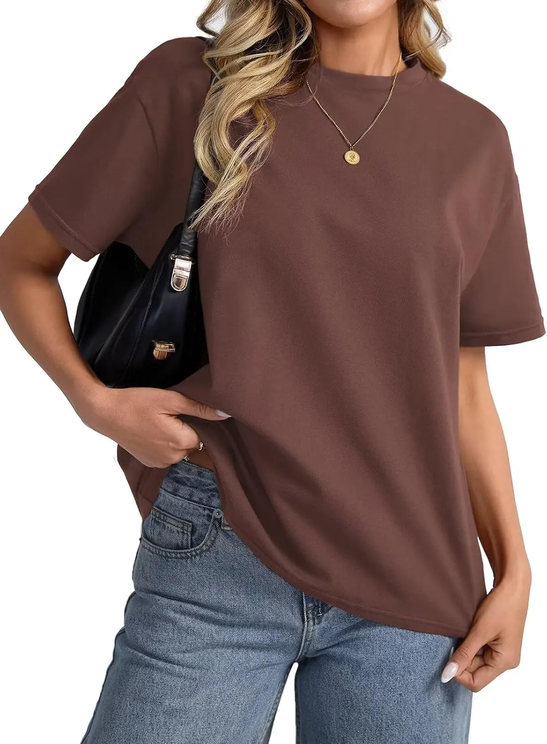Womens Cotton Oversized T Shirts Loose Fit Short Sleeve Mock Neck Tops Summer Boxy Tee Fashion Clothes 2025