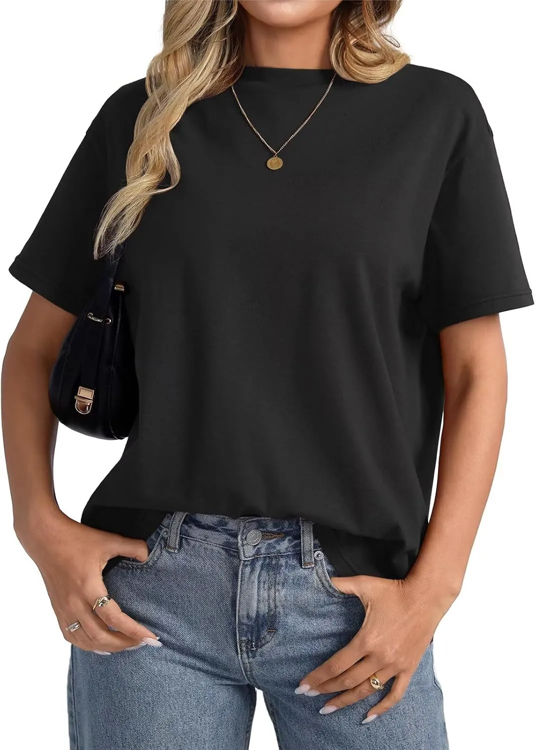 Womens Cotton Oversized T Shirts Loose Fit Short Sleeve Mock Neck Tops Summer Boxy Tee Fashion Clothes 2025