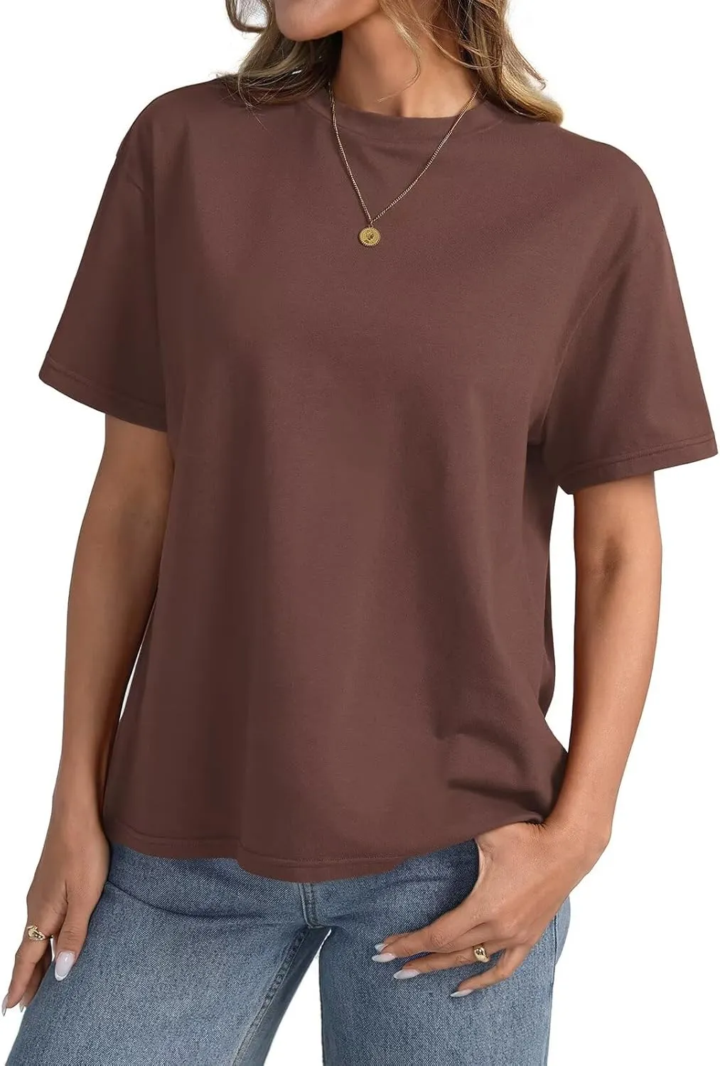 Womens Cotton Oversized T Shirts Loose Fit Short Sleeve Mock Neck Tops Summer Boxy Tee Fashion Clothes 2025