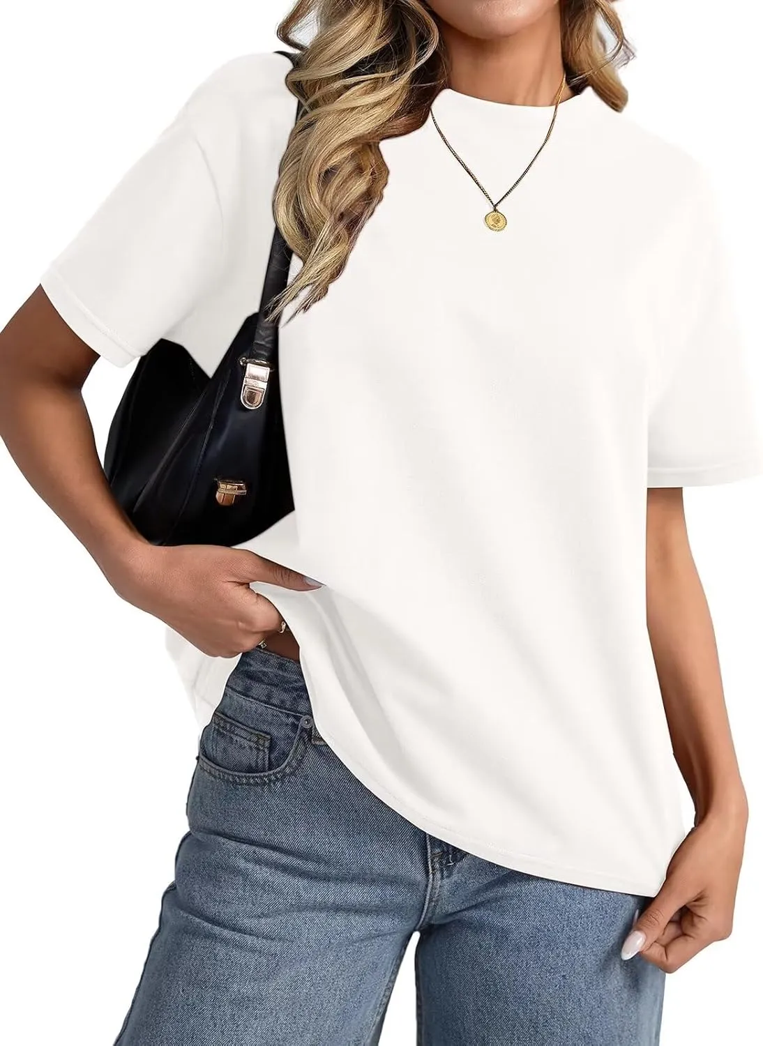 Womens Cotton Oversized T Shirts Loose Fit Short Sleeve Mock Neck Tops Summer Boxy Tee Fashion Clothes 2025