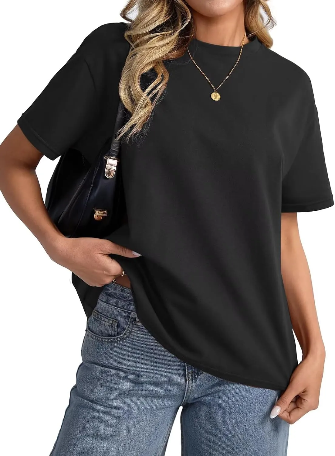 Womens Cotton Oversized T Shirts Loose Fit Short Sleeve Mock Neck Tops Summer Boxy Tee Fashion Clothes 2025