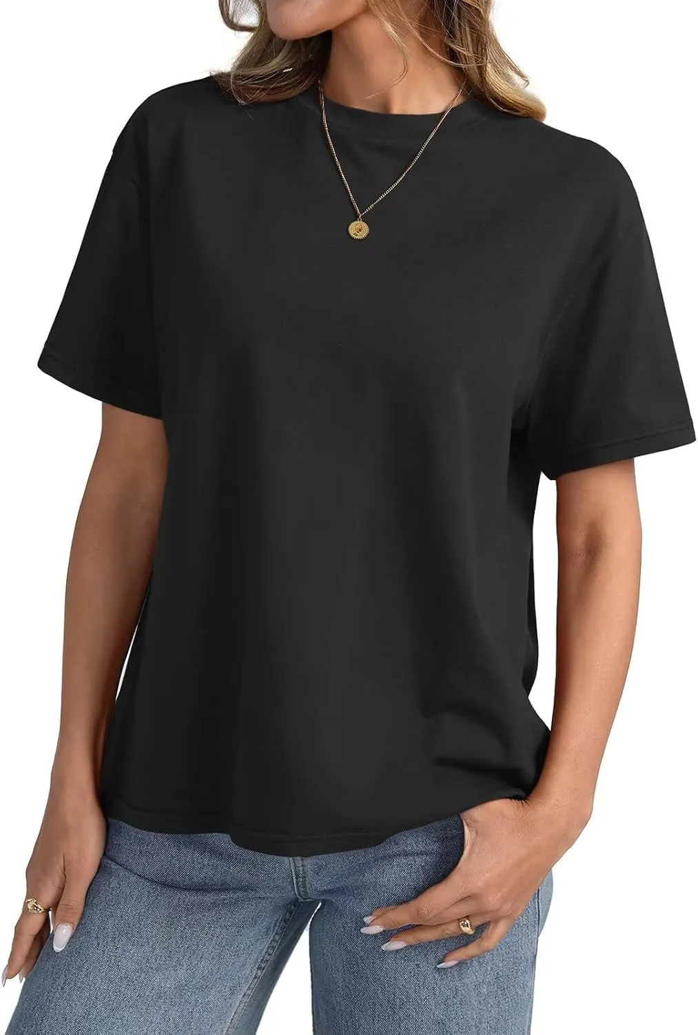 Womens Cotton Oversized T Shirts Loose Fit Short Sleeve Mock Neck Tops Summer Boxy Tee Fashion Clothes 2025