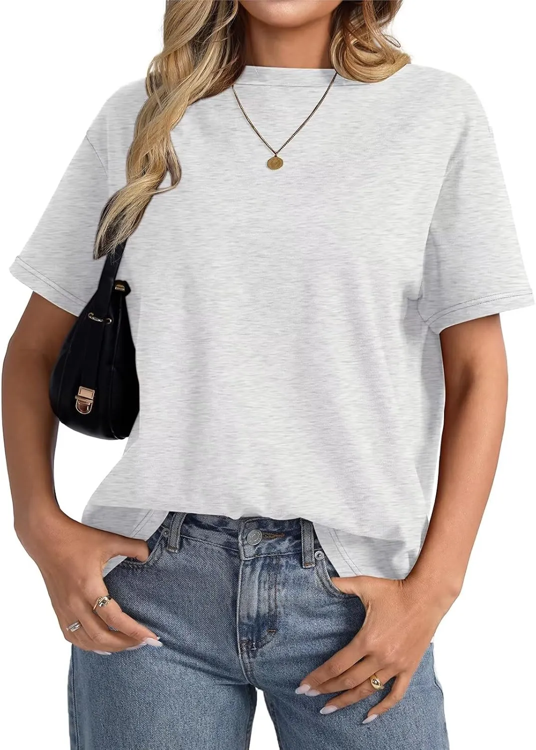 Womens Cotton Oversized T Shirts Loose Fit Short Sleeve Mock Neck Tops Summer Boxy Tee Fashion Clothes 2025
