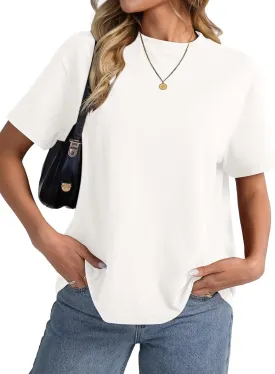 Womens Cotton Oversized T Shirts Loose Fit Short Sleeve Mock Neck Tops Summer Boxy Tee Fashion Clothes 2025