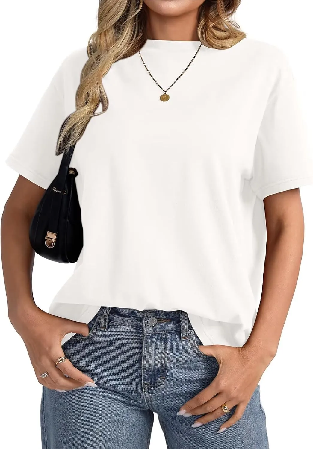 Womens Cotton Oversized T Shirts Loose Fit Short Sleeve Mock Neck Tops Summer Boxy Tee Fashion Clothes 2025