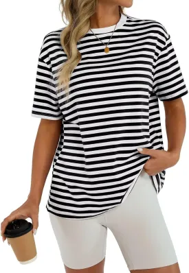 Womens Cotton Oversized T Shirts Loose Fit Short Sleeve Mock Neck Tops Summer Boxy Tee Fashion Clothes 2025