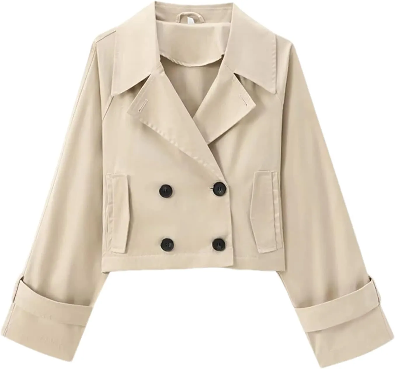 Women's Cropped Double Breasted Trench Jacket Vintage Lapel Neck Long Sleeves Pocket Loose Coat Outwear