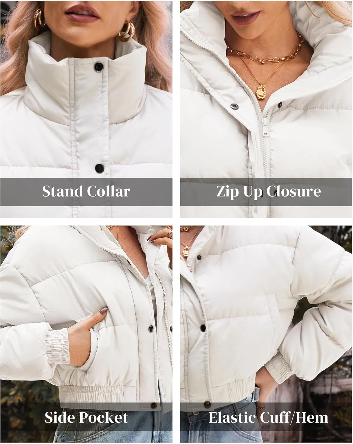 Women's Cropped Puffer Jacket Long Sleeve Puffy Coat Winter Lightweight Quilted Padded Outwear with Pockets