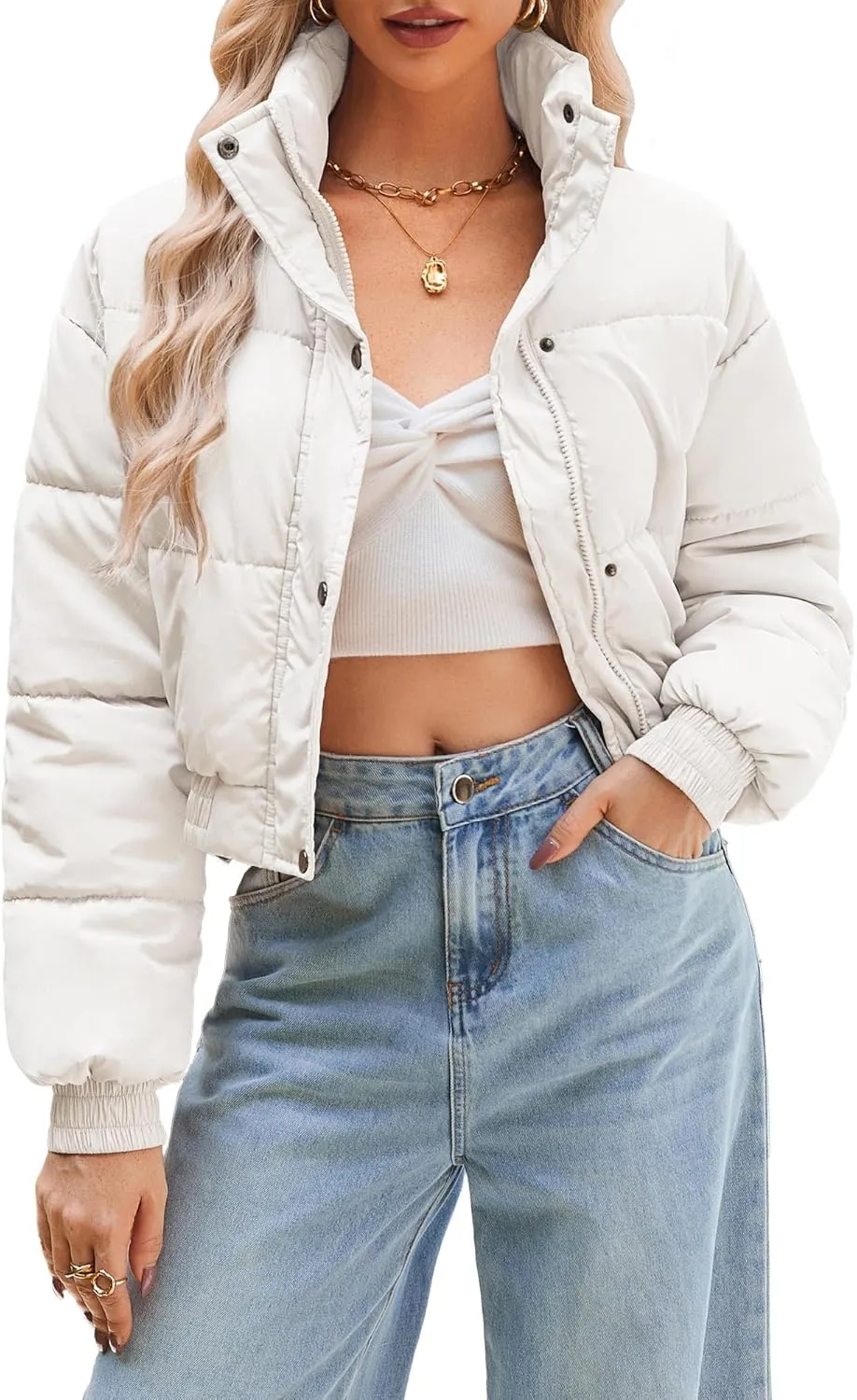 Women's Cropped Puffer Jacket Long Sleeve Puffy Coat Winter Lightweight Quilted Padded Outwear with Pockets