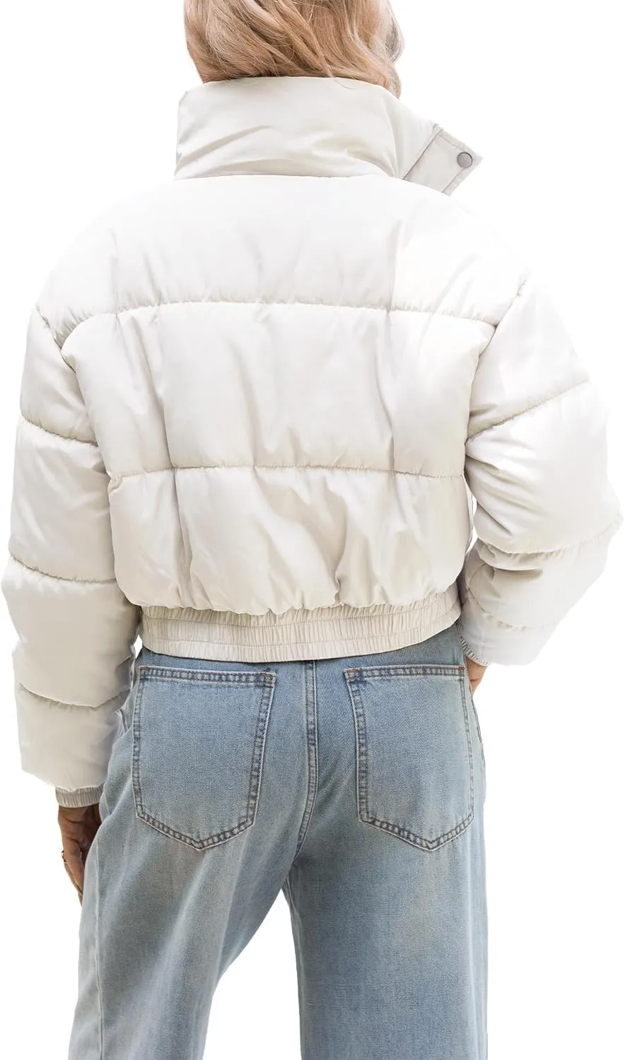Women's Cropped Puffer Jacket Long Sleeve Puffy Coat Winter Lightweight Quilted Padded Outwear with Pockets