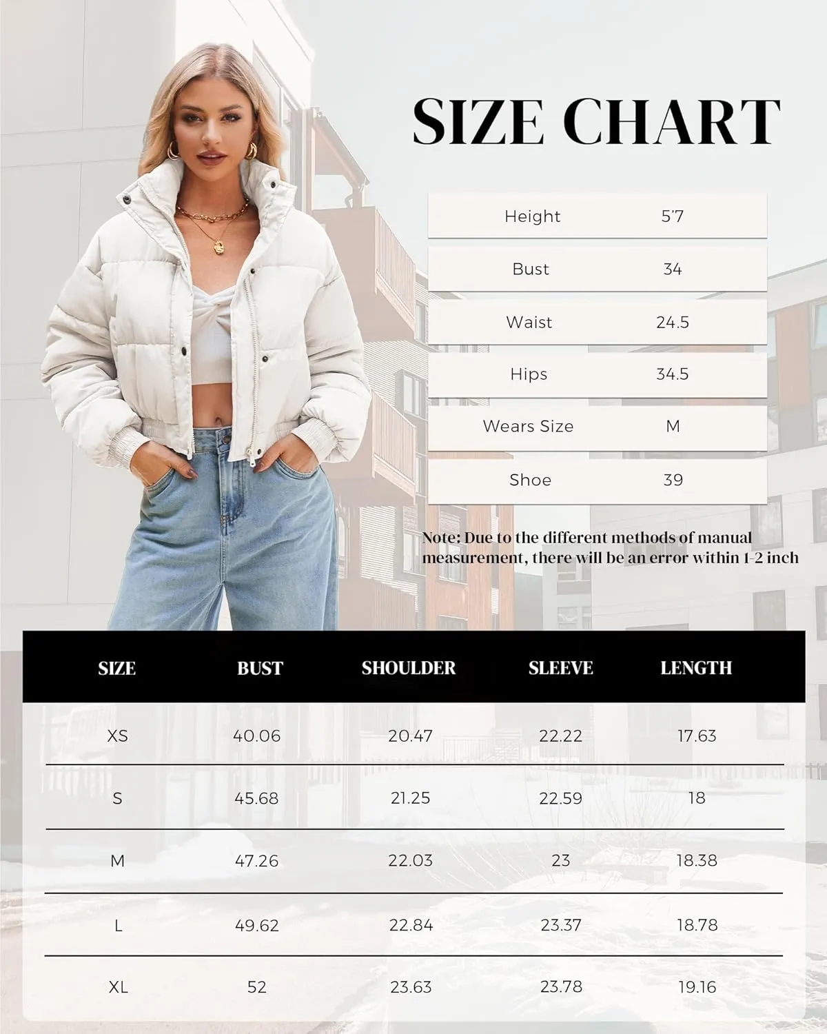 Women's Cropped Puffer Jacket Long Sleeve Puffy Coat Winter Lightweight Quilted Padded Outwear with Pockets