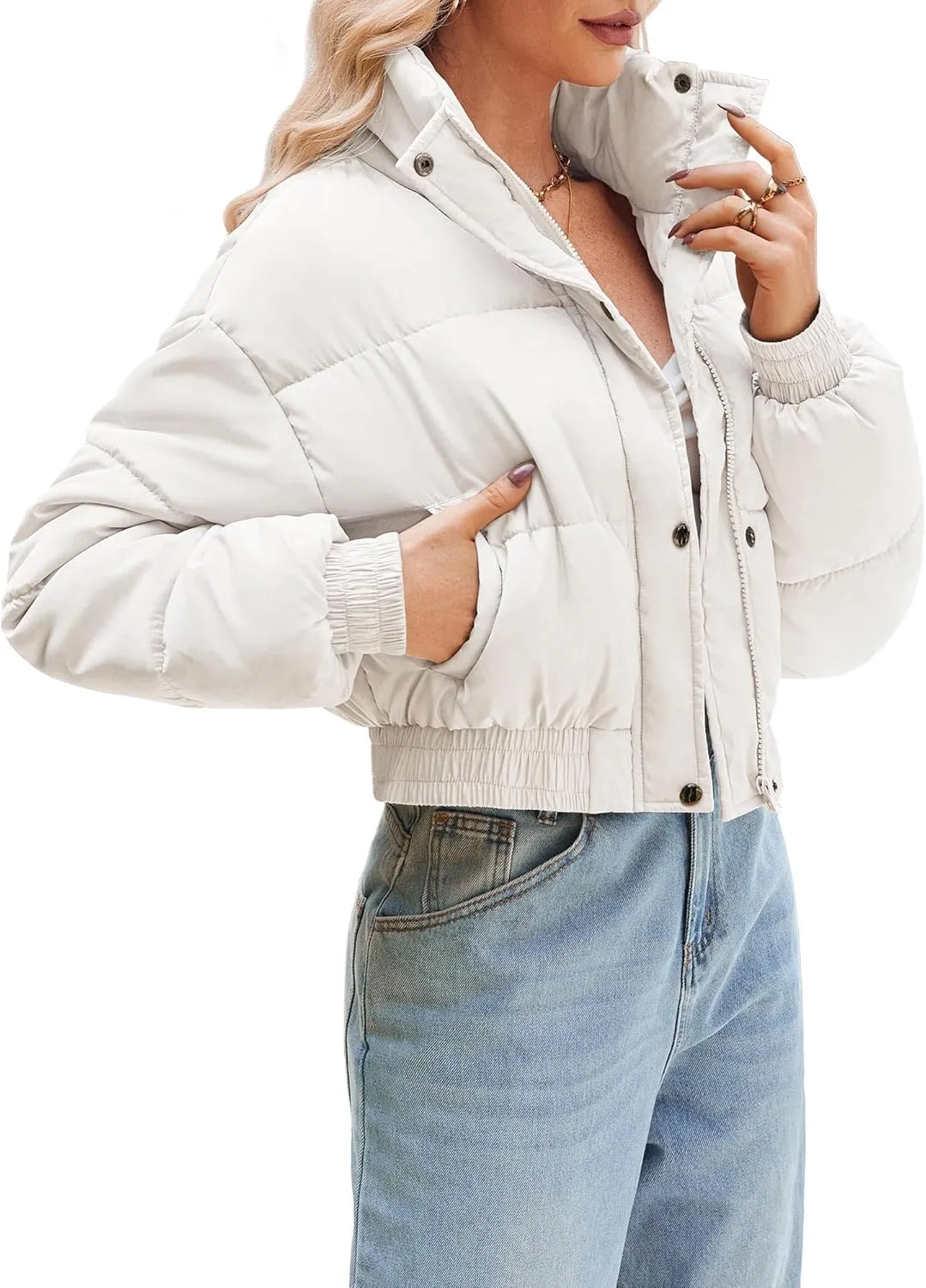 Women's Cropped Puffer Jacket Long Sleeve Puffy Coat Winter Lightweight Quilted Padded Outwear with Pockets
