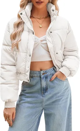 Women's Cropped Puffer Jacket Long Sleeve Puffy Coat Winter Lightweight Quilted Padded Outwear with Pockets