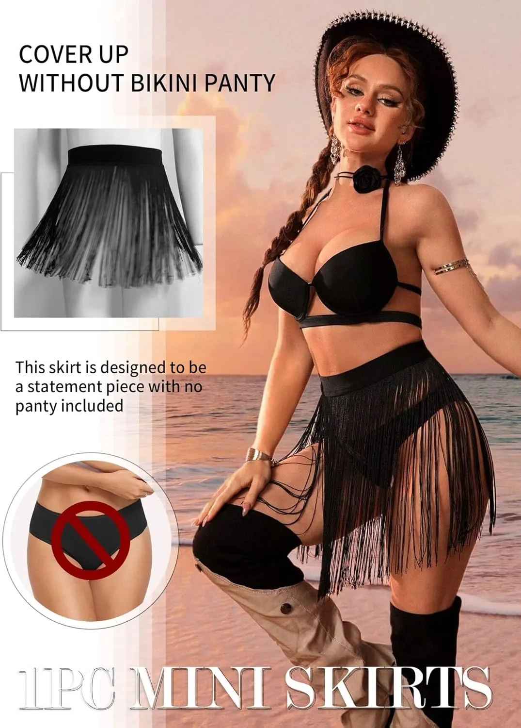 Womens Fringe Trim Mini Skirts - Cowgirl Western Festival Outfits Rave Bottoms Beach Tassel High Waisted Cover Up