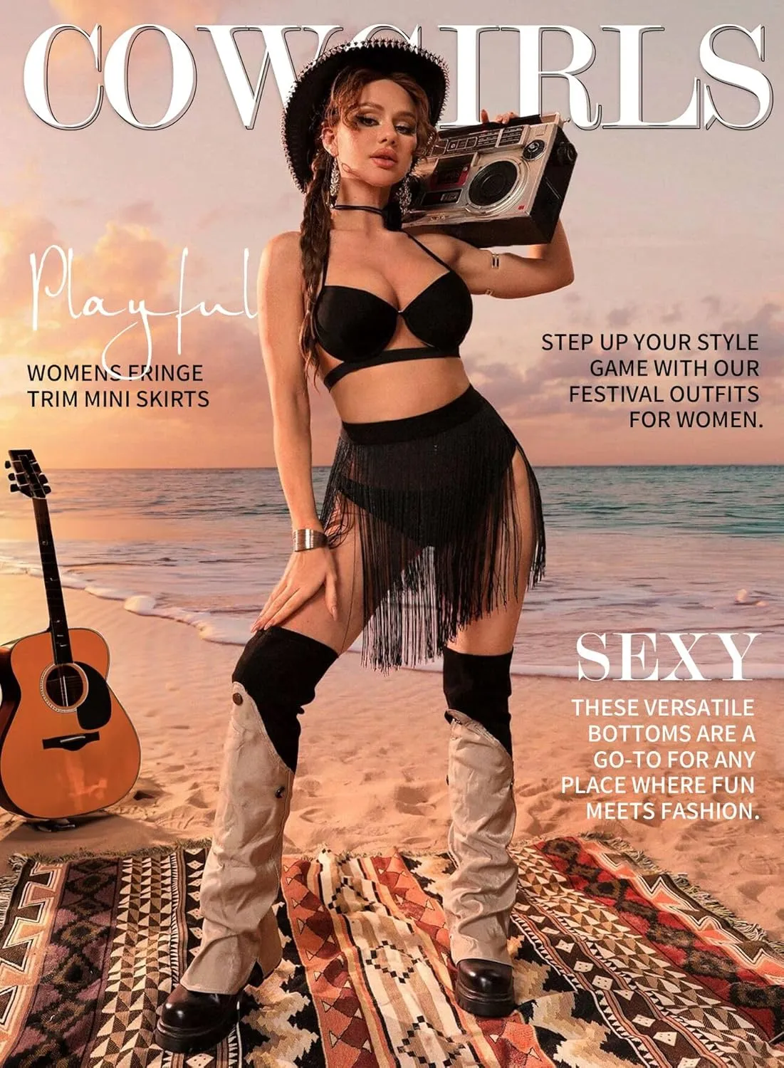 Womens Fringe Trim Mini Skirts - Cowgirl Western Festival Outfits Rave Bottoms Beach Tassel High Waisted Cover Up