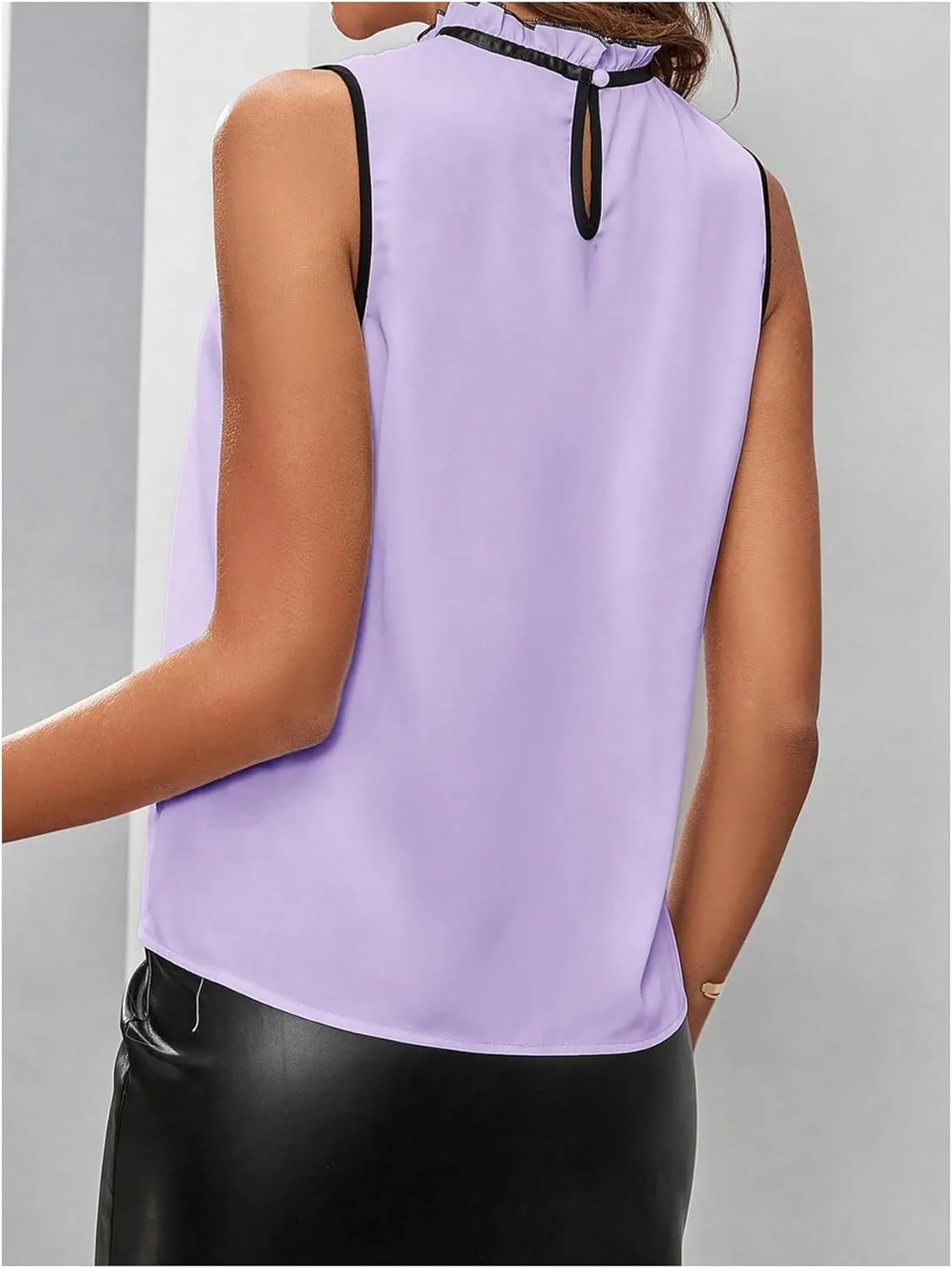 Women's High Neck Tank Top Sleeveless Lace Patchwork Tie Neck Loose Fit Work Blouse