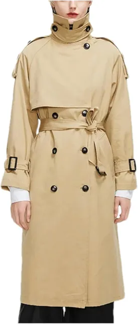 Women's Long Trench Coat Long Sleeve Lapel Double-Breasted Belted Slim Overcoat With Belt