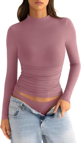Womens Mock Neck Long Sleeve Shirts Ruched Double Lined Top Fit Tight Turtleneck Tee Spring Fall Clothes 2025