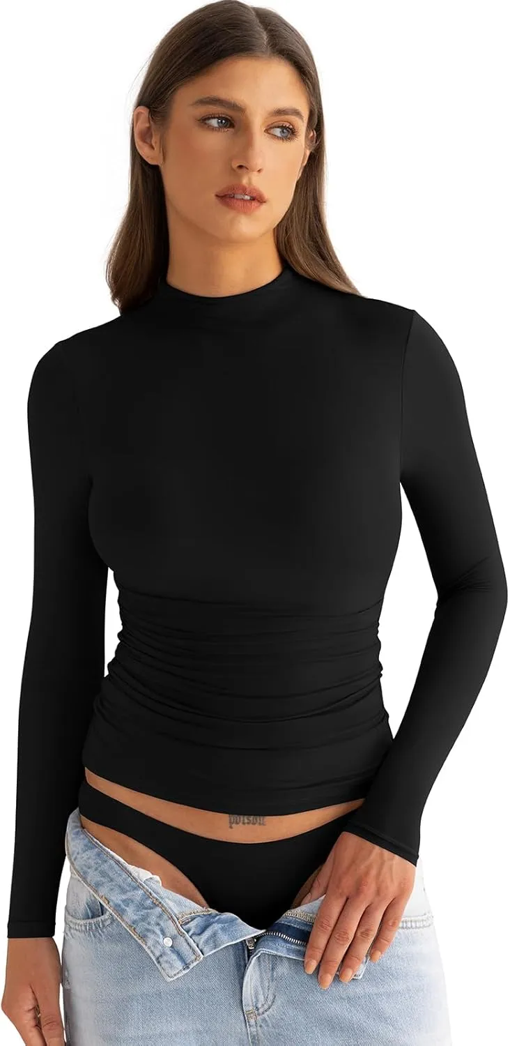 Womens Mock Neck Long Sleeve Shirts Ruched Double Lined Top Fit Tight Turtleneck Tee Spring Fall Clothes 2025