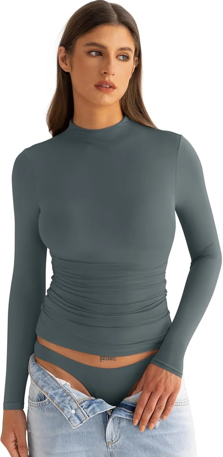 Womens Mock Neck Long Sleeve Shirts Ruched Double Lined Top Fit Tight Turtleneck Tee Spring Fall Clothes 2025
