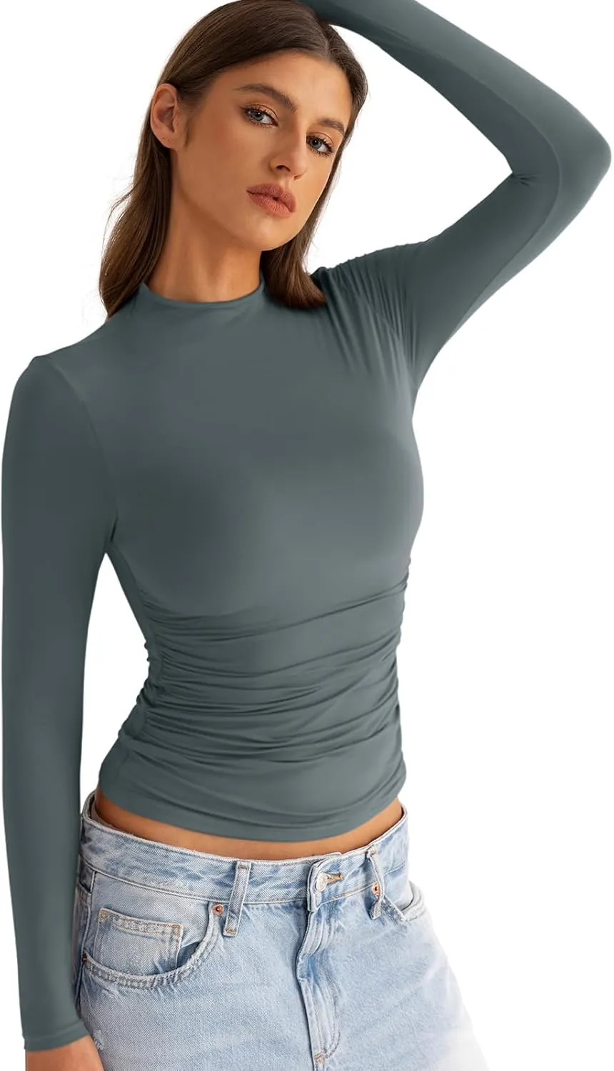 Womens Mock Neck Long Sleeve Shirts Ruched Double Lined Top Fit Tight Turtleneck Tee Spring Fall Clothes 2025