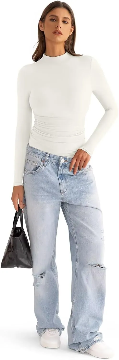 Womens Mock Neck Long Sleeve Shirts Ruched Double Lined Top Fit Tight Turtleneck Tee Spring Fall Clothes 2025