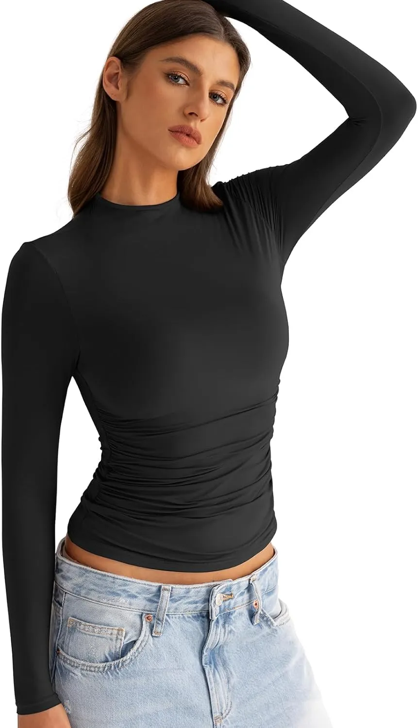 Womens Mock Neck Long Sleeve Shirts Ruched Double Lined Top Fit Tight Turtleneck Tee Spring Fall Clothes 2025