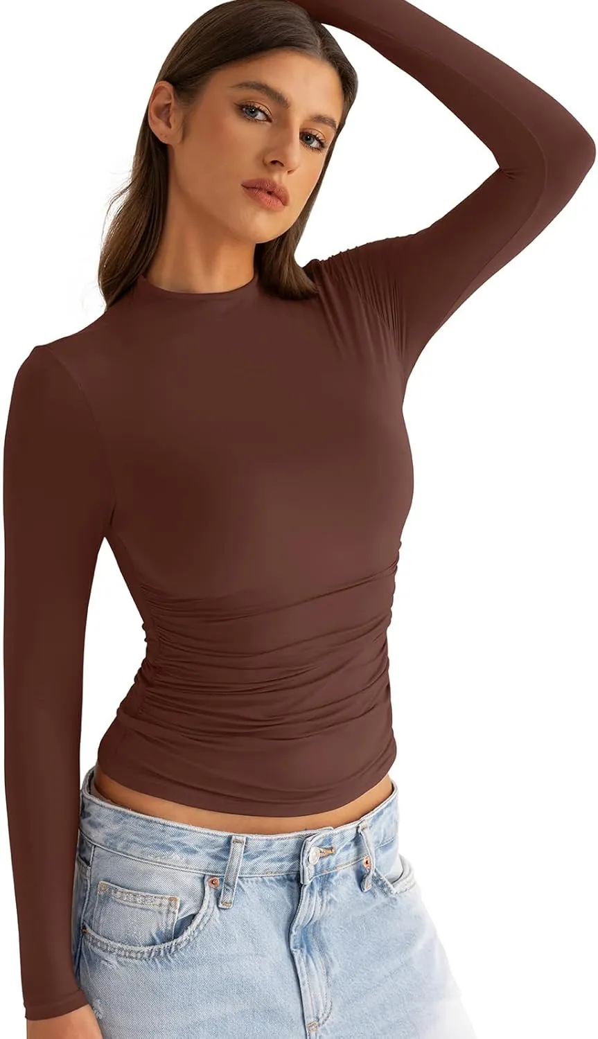 Womens Mock Neck Long Sleeve Shirts Ruched Double Lined Top Fit Tight Turtleneck Tee Spring Fall Clothes 2025