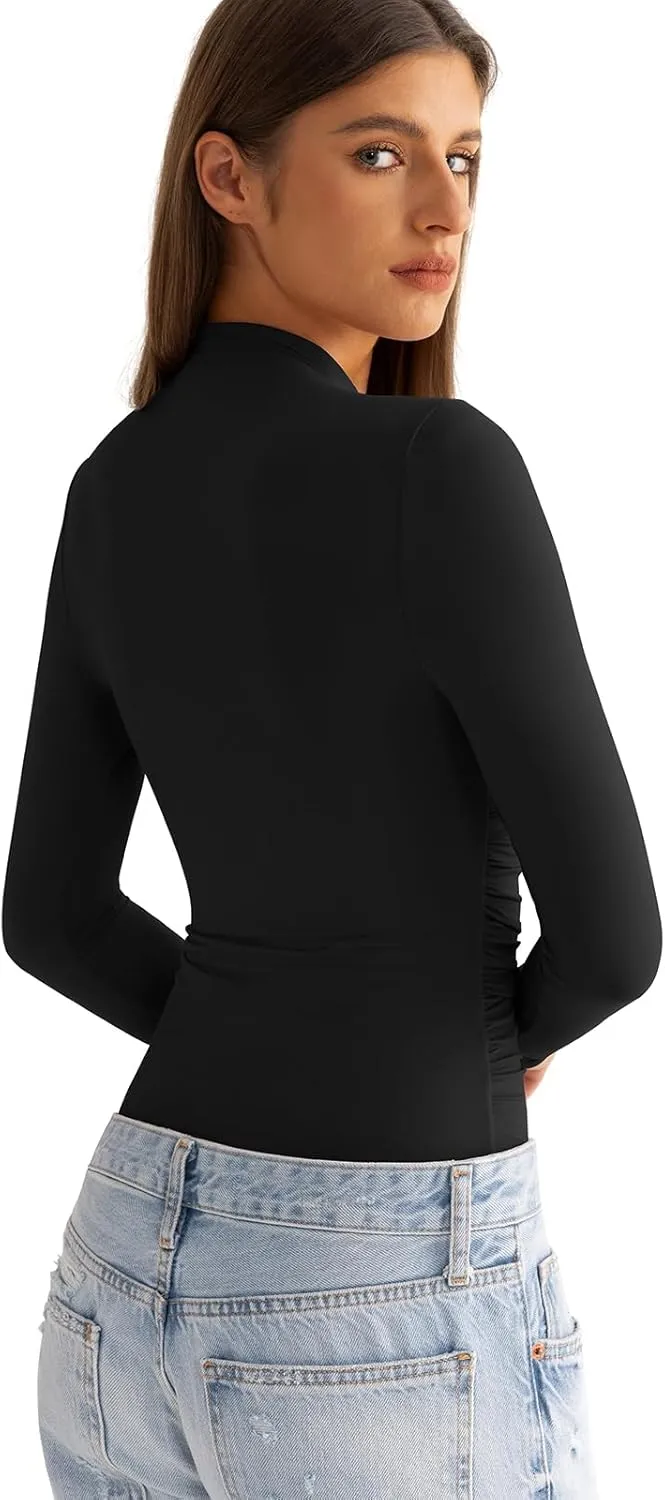 Womens Mock Neck Long Sleeve Shirts Ruched Double Lined Top Fit Tight Turtleneck Tee Spring Fall Clothes 2025